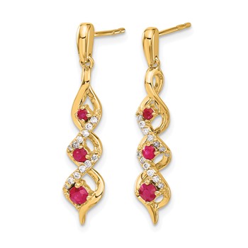 14k Yellow Gold Diamond and Ruby Post Dangle Earrings — alternate view