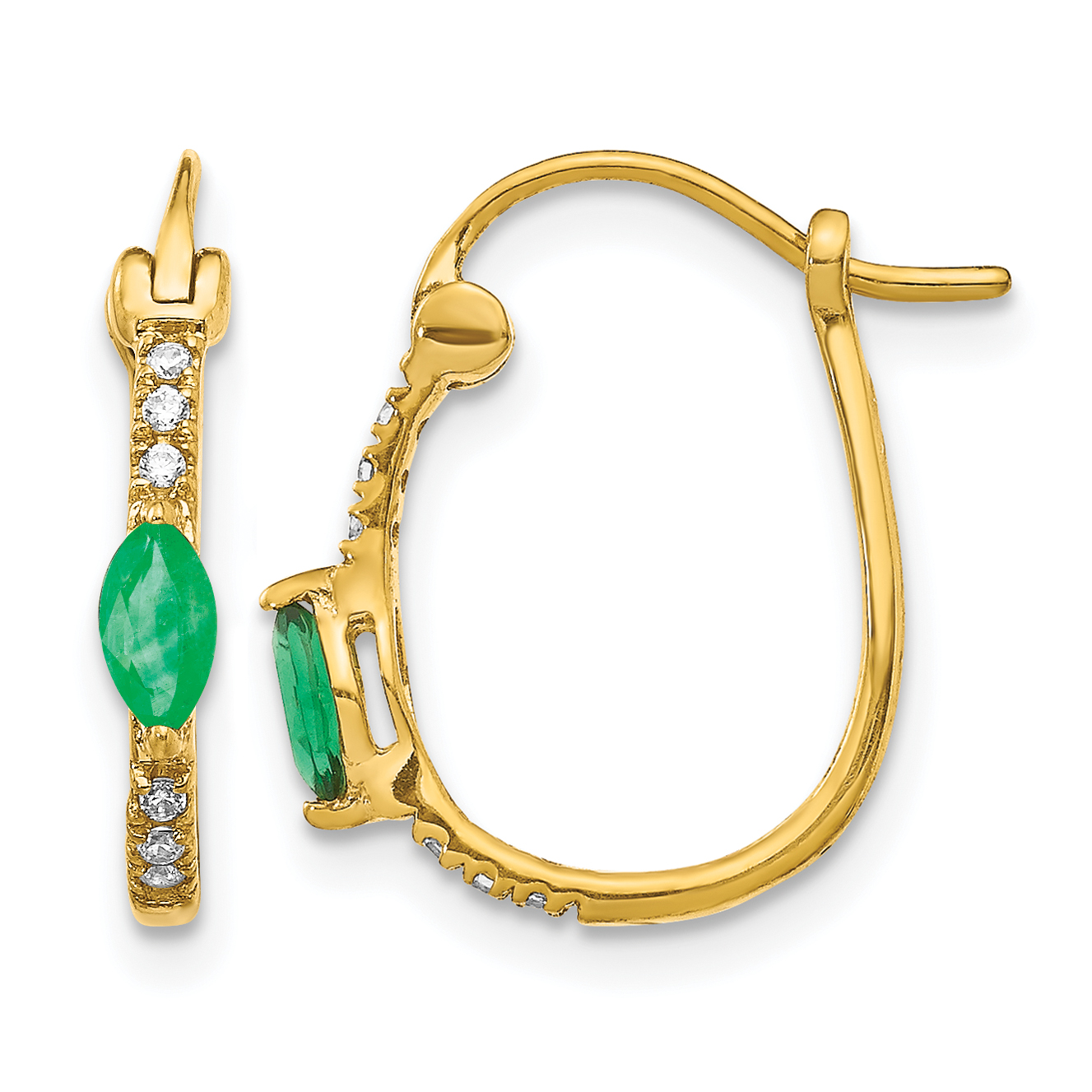 10k 1/20 carat Diamond and 5x2.5mm Marquise Emerald Oval Hoop Earrings