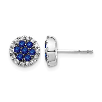 14k White Gold Sapphire Cluster and Diamond Halo Round Post Earrings