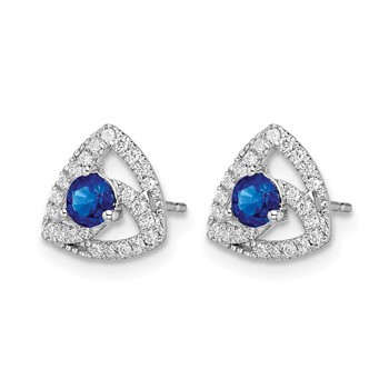 14k White Gold 3.5mm Round Blue Sapphire and Diamond Triangle Post Earrings — alternate view