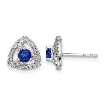 14k White Gold 3.5mm Round Blue Sapphire and Diamond Triangle Post Earrings