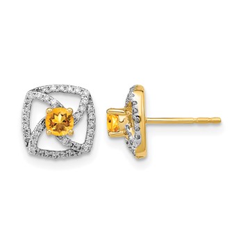 14k Polished 1/5 carat Diamond and 3.4mm Round Citrine Square Post Earrings
