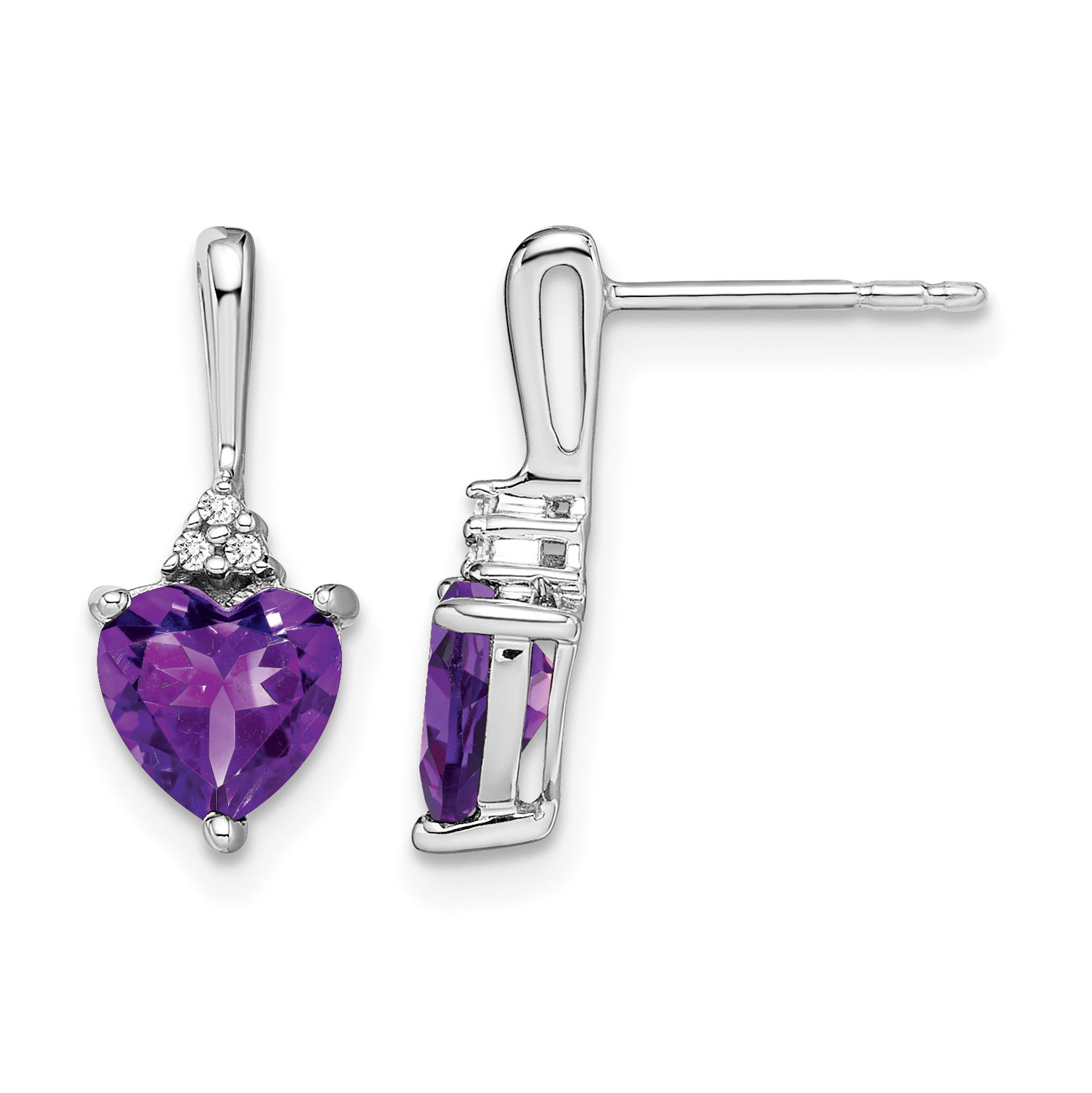 10k White Gold 6mm Heart Amethyst and Diamond Post Earrings