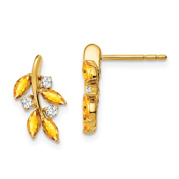 14k Marquise Citrine and 1/8 carat Diamond Leaf Post Earrings