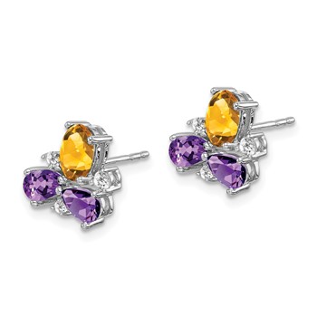 14k White Gold Pear Amethyst/Oval Citrine and 1/8 carat Diamond Post Earrings — alternate view