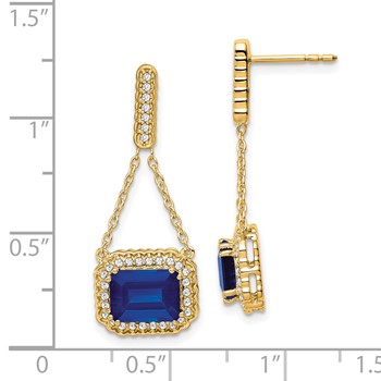14k Yellow Gold Created Sapphire and Diamond Dangle Earrings — alternate view