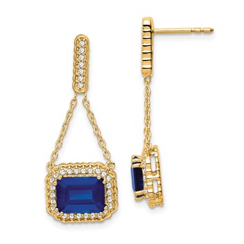 14k Yellow Gold Created Sapphire and Diamond Dangle Earrings