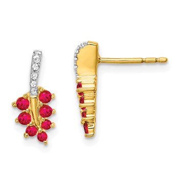 14k Ruby and Diamond Leaf Post Earrings
