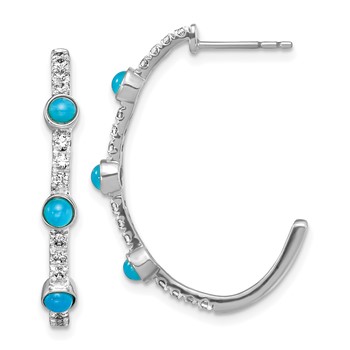 14k White Gold Turquoise and White Topaz J-hoop Post Earrings