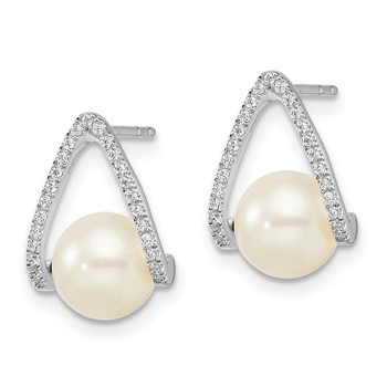 14k White Gold 6-7mm White Button Freshwater Cultured Pearl and .15 carat Diamond Post Earrings — alternate view