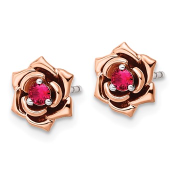 14K Two-tone White and Rose Gold Ruby Flower Post Earrings — alternate view