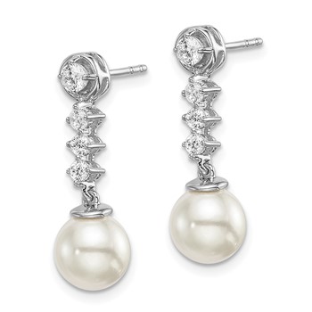 14k White Gold 6-7mm White Round Freshwater Cultured Pearl and .34 carat Diamond Dangle Post Earrings — alternate view