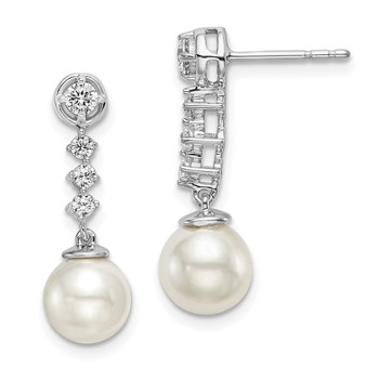 14k White Gold 6-7mm White Round Freshwater Cultured Pearl and .34 carat Diamond Dangle Post Earrings