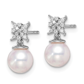 14k White Gold 6-7mm White Round Freshwater Cultured Pearl and .07 carat Diamond Dangle Post Earrings — alternate view