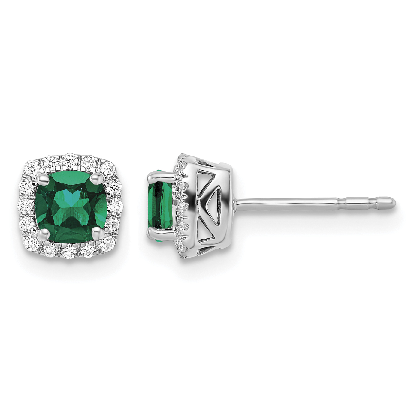 10k White Gold 1/10 carat Lab Grown Diamond VS/SI+ G+ and Created Emerald Complete Square Halo Post Earrings
