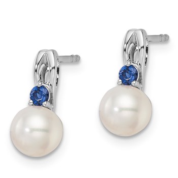 Sterling Silver Pearl & Blue CZ Fashion Post Drop Earrings — alternate view