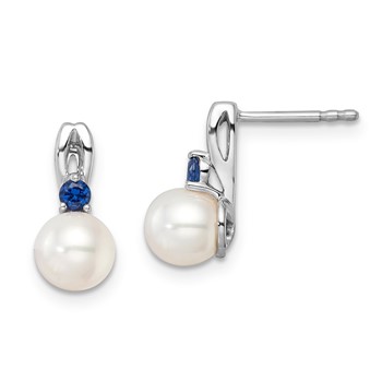 Sterling Silver Pearl & Blue CZ Fashion Post Drop Earrings