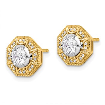 14k Two Tone 3/4 carat Lab Grown Diamond VS/SI+ G+ Octogon Halo Post Earrings — alternate view