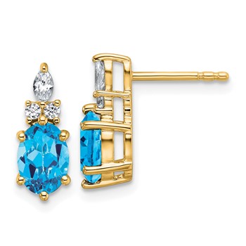 14k Diamond and 7x5 Oval December/Blue Topaz Post Earrings