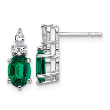14K White Gold Diamond and 7x5 Oval May/Lab Created Emerald Post Earrings