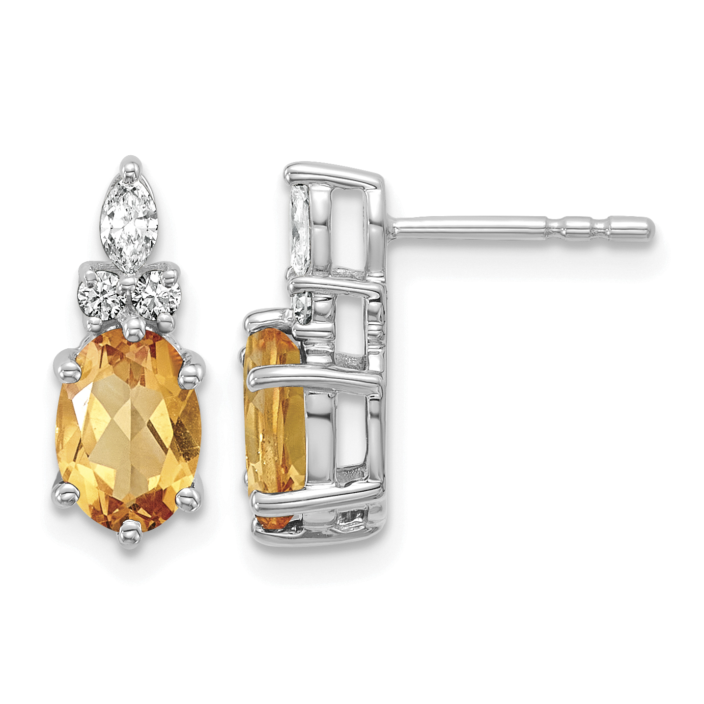 14K White Gold Diamond and 7x5 Oval November/Citrine Post Earrings