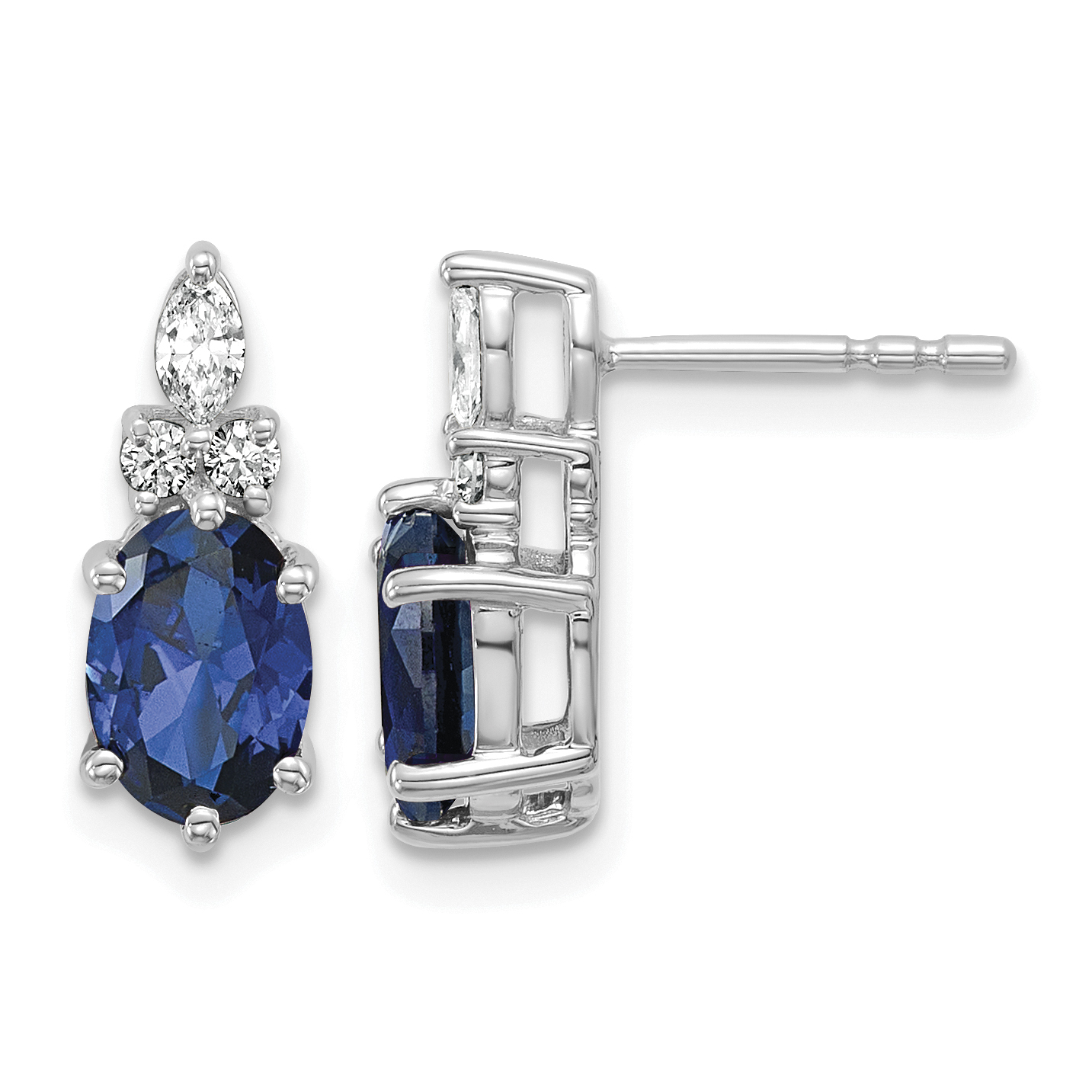 14K White Gold Diamond and 7x5 Oval September/Lab Created Sapphire Post Earrings