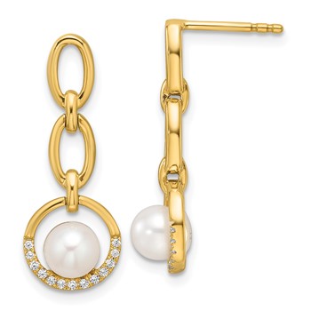 14K Polished 1/10 carat Diamond and White Freshwater Cultured Pearl Open Circle Dangle Post Earrings