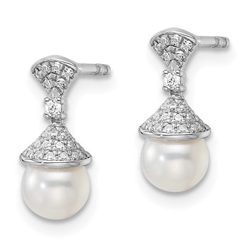 14K White Gold Polished 1/8 carat Diamond and White Freshwater Cultured Pearl Drop Post Earrings — alternate view