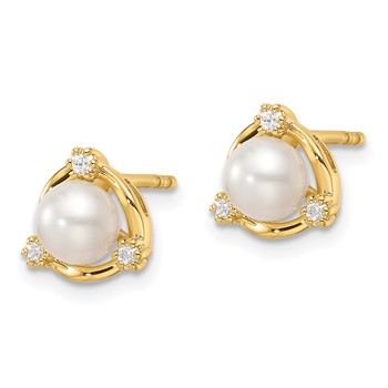 14k 1/10 carat Lab Grown Diamond VS/SI+ G+ and 5.50 mm Round Freshwater Cultured Pearl Post Earrings — alternate view