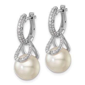 14K White Gold 10-11 White Round Freshwater Cultured Pearl .41 carat Diamond Hinged Hoop Earrings with Removable Dangles — alternate view