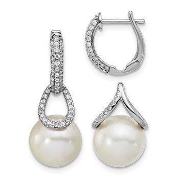 14K White Gold 10-11 White Round Freshwater Cultured Pearl .41 carat Diamond Hinged Hoop Earrings with Removable Dangles
