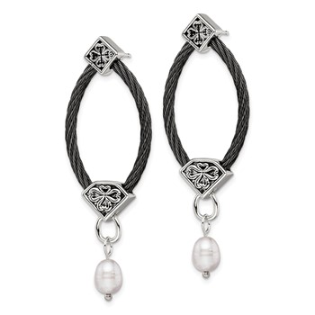 Edward Mirell Black Ti Cable and Sterling Silver Floral Accent with Freshwater Cultured Pearl Dangle Earrings — alternate view