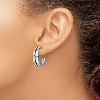 Edward Mirell Grey Ti Brushed Blue Anodized and Blue Topaz J Hoop Post Earrings — alternate view