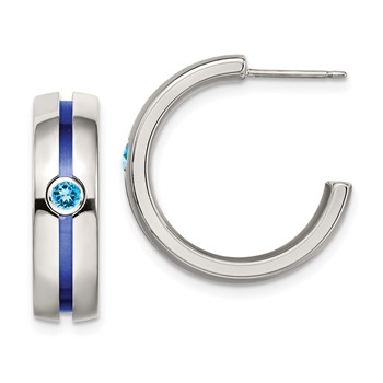 Edward Mirell Grey Ti Brushed Blue Anodized and Blue Topaz J Hoop Post Earrings