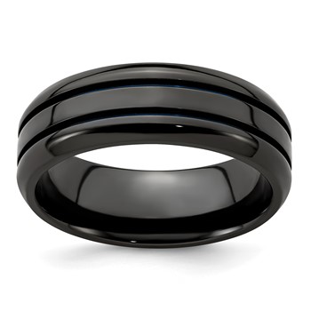 Edward Mirell Titanium Black Ti with Blue Anodized Grooves Beveled Edge 8mm Band