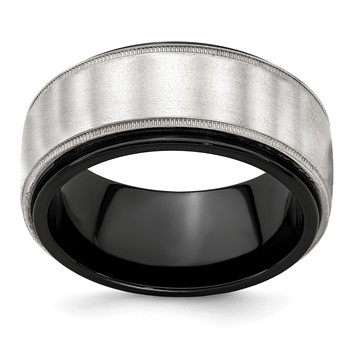 Edward Mirell Black Ti & Sterling Silver Brushed & Polished Milgrain Ring