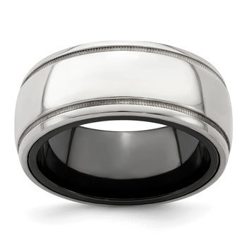 Edward Mirell Black Ti & Sterling Silver Polished Domed Milgrain Ring