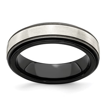 Edward Mirell Black Ti & Sterling Silver Satin & Polished Milgrain Band