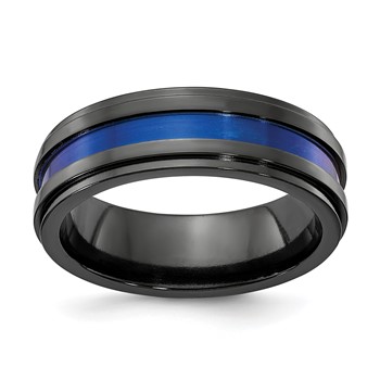 Edward Mirell Black Ti Grooved Blue Anodized 7mm Band