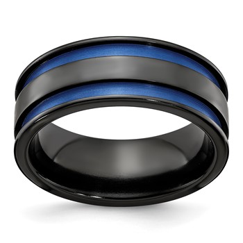Edward Mirell Black Ti with Blue Anodized Grooves Flat 8.5mm Band