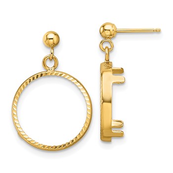 Wideband Distinguished Coin Jewelry 14k Polished and Diamond-cut Classic 13.0mm Prong Coin Bezel Post Dangle Earrings