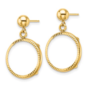 Wideband Distinguished Coin Jewelry 14k Polished and Diamond-cut Classic 15.0mm Prong Coin Bezel Post Dangle Earrings — alternate view