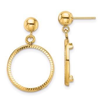 Wideband Distinguished Coin Jewelry 14k Polished and Diamond-cut Classic 15.0mm Prong Coin Bezel Post Dangle Earrings