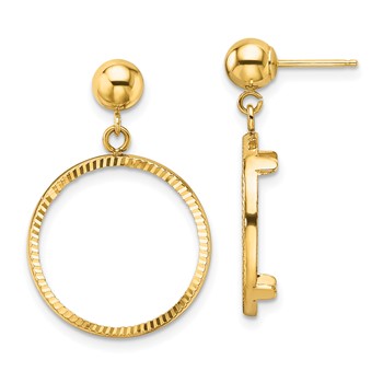 Wideband Distinguished Coin Jewelry 14k Polished and Diamond-cut Classic 16.5mm Prong Coin Bezel Post Dangle Earrings