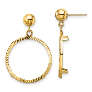 Wideband Distinguished Coin Jewelry 14k Polished and Diamond-cut Classic 17.8mm Prong Coin Bezel Post Dangle Earrings