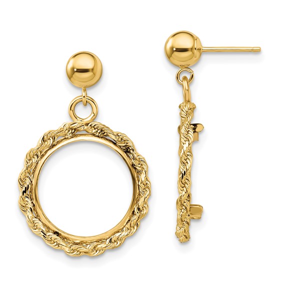 14k 2mm H/M Rope Prong Coin Bezel Post Dangle Earrings - Quality Gold