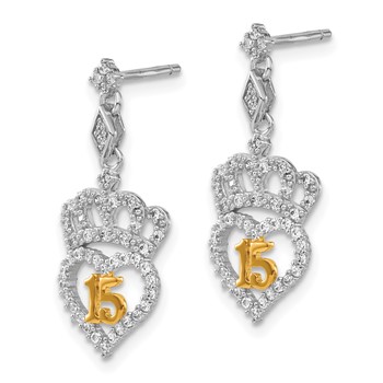 Sterling Silver Gold-Tone CZ 15 Heart Crown Post Dangle Earrings — alternate view