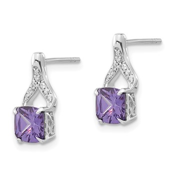 Sterling Silver Polished Square Purple & Clear CZ Post Dangle Earrings — alternate view
