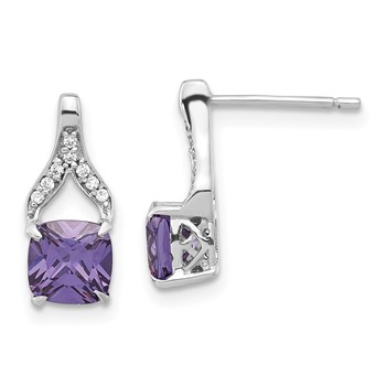 Sterling Silver Polished Square Purple & Clear CZ Post Dangle Earrings