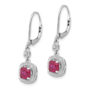 Sterling Silver Cushion Created Ruby & CZ Leverback Dangle Earrings — alternate view